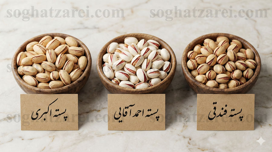 مقایسه تصویری تفاوت ظاهری پسته اکبری، احمد آقایی و فندقی در کنار هم