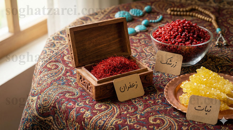 مجموعه کامل سوغات مشهد شامل زعفران، زرشک، نبات، فیروزه و نخود کشمش روی ترمه