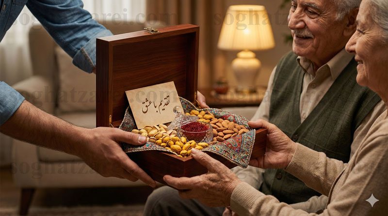 پک هدیه روز مادر و پدر شامل آجیل، زعفران و خشکبار سالم